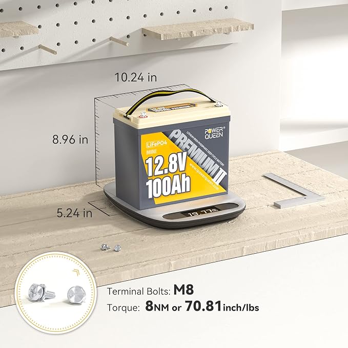 Batería Litio Power Queen Mini LiFePO4 de 12,8 V y 100 Ah, BMS integrado