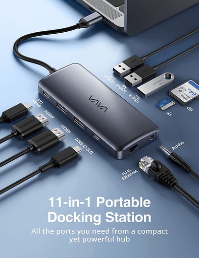[VAVAUSB11en1] VAVA USB C Hub 11 en 1 2x 4K HDMI, 4 USB, carga PD 100 W, RJ45, Tarjeta SD/TF y Audio