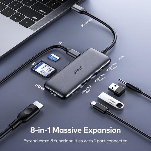 [VAVAUSB8en1HDMI] VAVA USB C Hub 8 en 1 4K HDMI, 2 USB, 2USB-C, Tarjeta SD