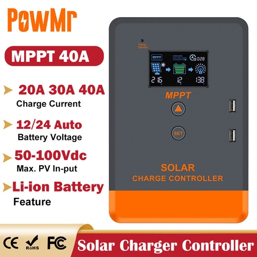 [PowMr_MPPT_40A_DualUSB_Controlador] Controlador Solar MPPT PowMr 40A 12V 24V Dual USB