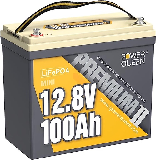 [BateriaLitio_LifePo4_Power_Queen_12V_100AH_Mini] Batería Litio Power Queen Mini LiFePO4 de 12,8 V y 100 Ah, BMS integrado